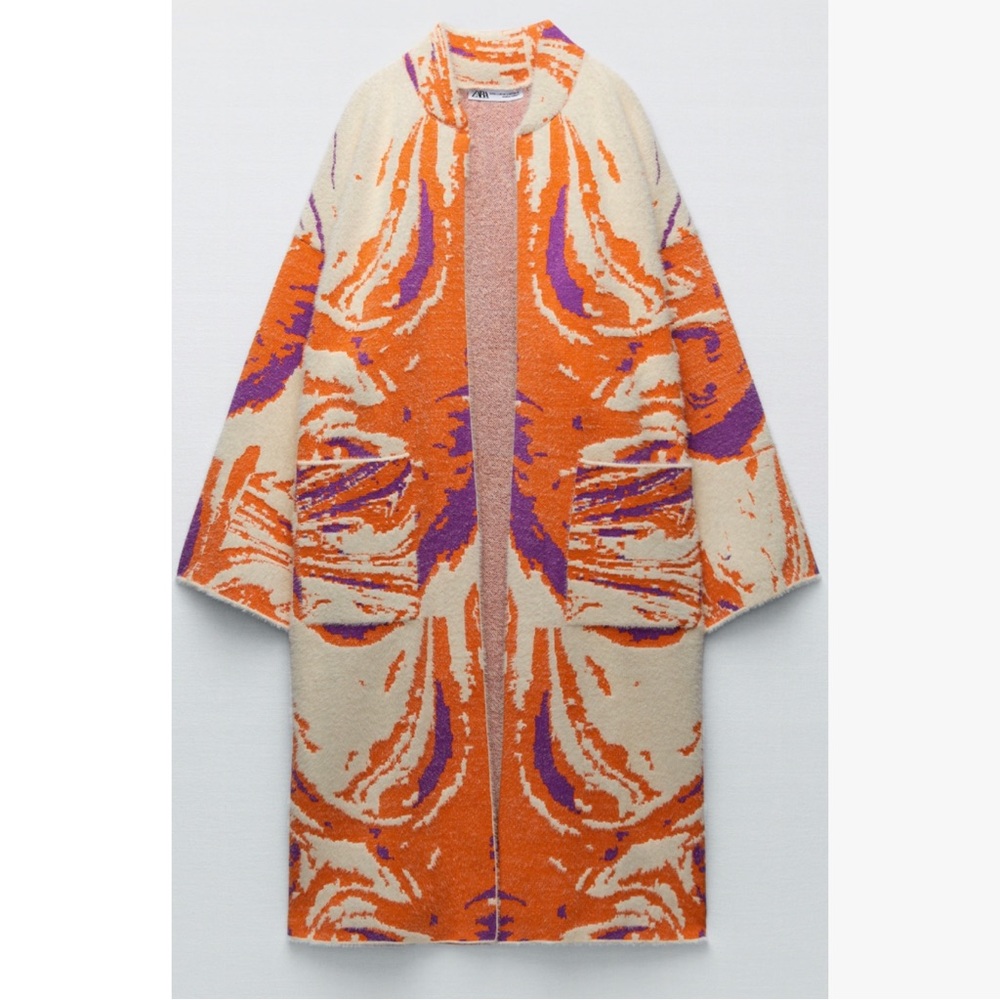 * ISO * Zara Jacquard Knit Coat Cardigan Duster – Orange, Purple,Cream; Marble